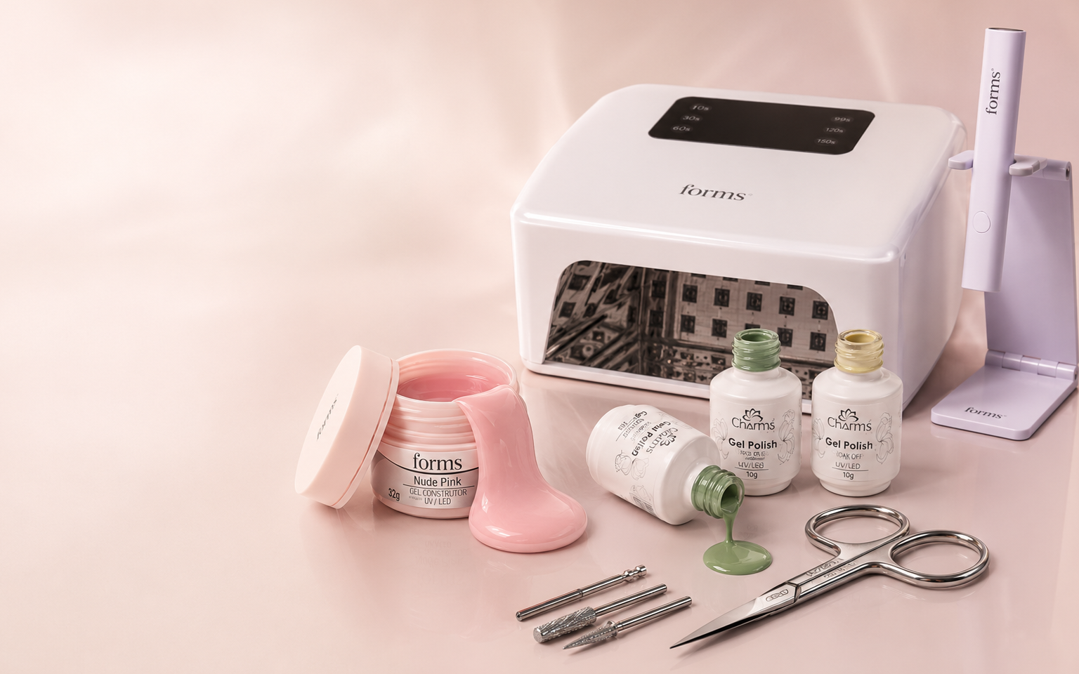 Cabine e caneta LED Forms, géis Forms e Charms Beauty, tesoura e brocas Azzio